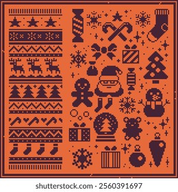 1 bit pixel art Christmas icons set of Happy New Year attributes. Merry Xmas ornament. Greeting card design. Candy, Mitten, Snowflake, Fir-tree, Sock and Santa character. Isolated vector illustration.