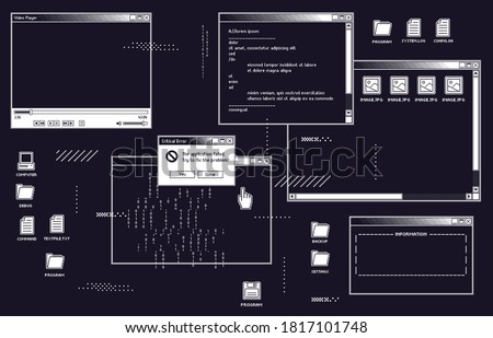 1 bit retro user interface with video player, dialog box with system information and open folder with images. Operating system with application failure. Retro error message pop up vector illustration