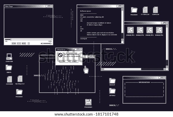 1 bit retro user interface with video\
player, dialog box with system information and open folder with\
images. Operating system with application failure. Retro error\
message pop up vector\
illustration
