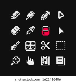 1 bit toolbar icons set, pencil, pen, selection, brush, magnifier, click, palette, list, layers and scissors Design for logo game, sticker, web, mobile app. Isolated vector illustration.