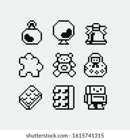 1 bit toys icons set, bell, bear, nesting, doll, puzzle, robot. Design for logo game, sticker, web, mobile app, badges and patches. Isolated pixel art vector illustration. Game assets.