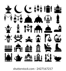 1 bundle of islamic icons,ramadan icon pack,white background ramadan decoration silhouette and editable 