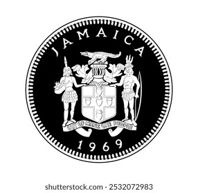 1 centavo 1969, Jamaica. O anverso da moeda jamaicana de 1969 exibe o brasão de armas jamaicano. A moeda é apresentada a preto e branco. Ilustração vetorial.