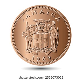 1 centavo 1969, Jamaica. El anverso de la moneda jamaicana de 1969 presenta el escudo de armas de Jamaica. El escudo de armas incluye un cocodrilo encima de un tronco en la parte superior. 