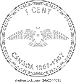 Moneda de 1 céntimo Canadá doble dado leyenda 1967 diseño de Vector hecho a mano silueta línea arte.	
