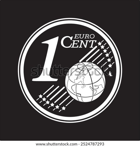 1 cent euro coin vector design in white color and on a black background, handmade silhouette.