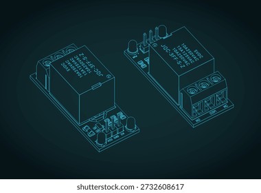1 channel relay module board isometric blueprints stylized vector illustration