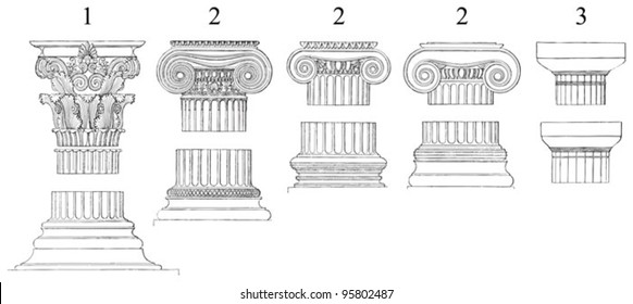 1. Corinthian  2. Ionic  3. Doric columns / vintage illustration from Meyers Konversations-Lexikon 1897