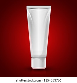 1 cosmetic cream plastic packing tube  mock up, vector 3d clean template for design cover cream shampoo or makeup remover on red