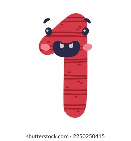 1 cute funny number character. One comic childish bright red numeral, math symbol cartoon vector illustration