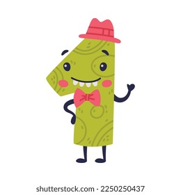 1 cute funny number character with funny face. One comic childish bright colorful numeral, math symbol cartoon vector illustration