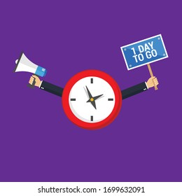 1 day to go concept - clock and business hand with sign + megaphone.Conceptual vector illustration in flat style design.Isolated on background.
