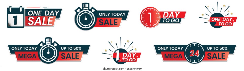 1 day to go countdown. one day sale. Only today sales in sticker label shape for promotion in social media.