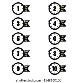 1 day left, 2, 3, 10 days left. Days left badges. Going countdown sign, one day left badge and business date count label. Offer timer, limited only days sticker.