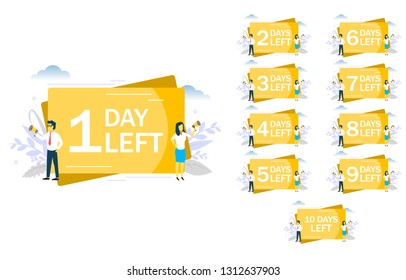 1 day left announcement, business people speaking through megaphone. Vector flat style design illustration for web banner, website page etc. Number of days left upcoming event tags.