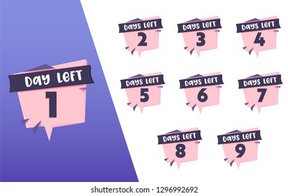 1 Day Left Count Pink Black Badge Set. Advertising Promo Sticker Element Design. Shopping Promotion Marketing Counter Label Banner for Business Discount Offer Flat Vector Illustration