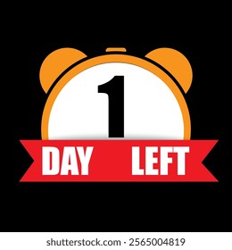 1 day left icon. Countdown clock symbol. Bold number one text. Black red white design.