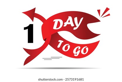 1 day left lable, one day to go label,  days left lable, red flat with flag shape design, promotion icon for time count. Vector stock illustration.