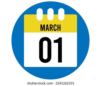 Vector del calendario de 1 día de marzo. Icono de la página del calendario para los días de marzo. Círculo azul con calendario amarillo