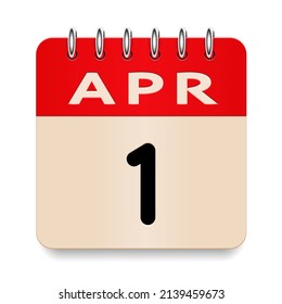 1 day of the month. April. Flip old formal calendar daily icon. Date day week Sunday, Monday, Tuesday, Wednesday, Thursday, Friday, Saturday. Cut paper. White background. Vector illustration. 3d