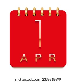 1 day of the month. April. Luxury calendar daily icon. Date day week Sunday, Monday, Tuesday, Wednesday, Thursday, Friday, Saturday. Gold text. Red paper. Vector illustration.