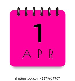 1 day of the month. April. Pink calendar daily icon. Black letters. Date day week Sunday, Monday, Tuesday, Wednesday, Thursday, Friday, Saturday. Cut paper. White background. Vector illustration.