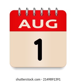 1 day of the month. August. Flip old formal calendar. 3d daily icon. Date. Week Sunday, Monday, Tuesday, Wednesday, Thursday, Friday, Saturday. Cut paper. White background. Vector illustration.