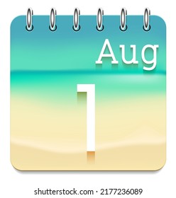 1 day of the month. August. Marine view  calendar daily icon. Date day week Sunday, Monday, Tuesday, Wednesday, Thursday, Friday, Saturday. White text. Sea background. Vector illustration. Sea coast.