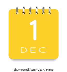 1 día del mes. Diciembre. Icono de calendario amarillo lindo diario. Fecha día semana domingo, lunes, martes, miércoles, jueves, viernes, sábado. Corta papel. Fondo blanco. Ilustración vectorial.