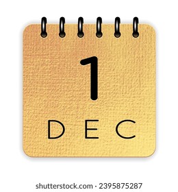 1 day of the month. December. Luxury 
gold calendar daily icon. Date day week Sunday, Monday, Tuesday, Wednesday, Thursday, Friday, Saturday. Black text. White background. Vector illustration.