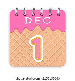 1 day of a month. December. Waffle cone calendar with melted ice cream. 3d daily icon. Date. Week Sunday, Monday, Tuesday, Wednesday, Thursday, Friday, Saturday. White background Vector illustration