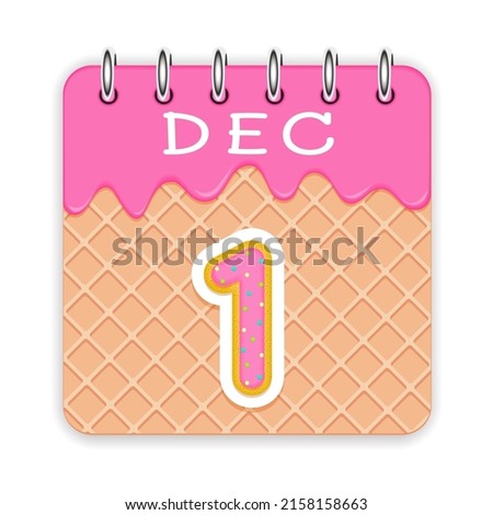 1 day of a month. December. Waffle cone calendar with melted ice cream. 3d daily icon. Date. Week Sunday, Monday, Tuesday, Wednesday, Thursday, Friday, Saturday. White background Vector illustration