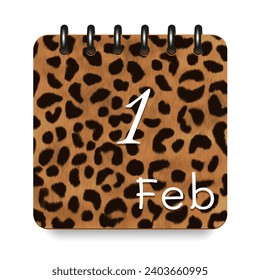 1 day of the month. February. Leopard print calendar daily icon. White letters. Date day week Sunday, Monday, Tuesday, Wednesday, Thursday, Friday, Saturday.  White background. Vector illustration.