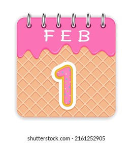 1 day of a month. February. Waffle cone calendar with melted ice cream. 3d daily icon. Date. Week Sunday, Monday, Tuesday, Wednesday, Thursday, Friday, Saturday. White background Vector illustration