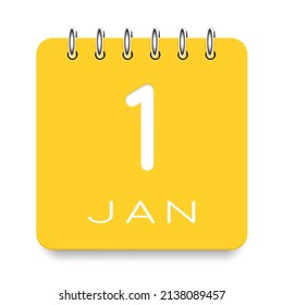 1 day of the month. January. Cute yellow calendar daily icon. Date day week Sunday, Monday, Tuesday, Wednesday, Thursday, Friday, Saturday. Cut paper. White background. Vector illustration.