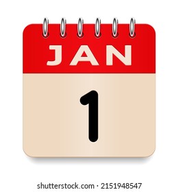 1 day of the month. January. Flip old formal calendar. 3d daily icon. Date. Week Sunday, Monday, Tuesday, Wednesday, Thursday, Friday, Saturday. Cut paper. White background. Vector illustration.