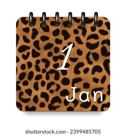 1 day of the month. January. Leopard print calendar daily icon. White letters. Date day week Sunday, Monday, Tuesday, Wednesday, Thursday, Friday, Saturday.  White background. Vector illustration.