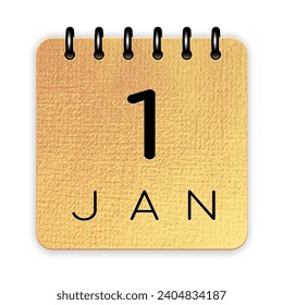 1 day of the month. January. Luxury gold calendar daily icon. Date day week Sunday, Monday, Tuesday, Wednesday, Thursday, Friday, Saturday.