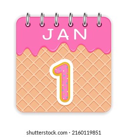 1 day of a month. January. Waffle cone calendar with melted ice cream. 3d daily icon. Date. Week Sunday, Monday, Tuesday, Wednesday, Thursday, Friday, Saturday. White background Vector illustration