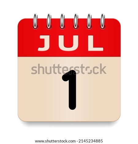 1 day of the month. July. Flip old formal calendar. 3d daily icon. Date. Week Sunday, Monday, Tuesday, Wednesday, Thursday, Friday, Saturday. Cut paper. White background. Vector illustration. 