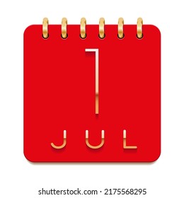 1 day of the month. July. Luxury calendar daily icon. Date day week Sunday, Monday, Tuesday, Wednesday, Thursday, Friday, Saturday. Gold text. Red paper. Vector illustration.