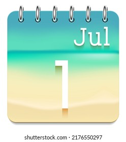 1 day of the month. July. Marine view  calendar daily icon. Date day week Sunday, Monday, Tuesday, Wednesday, Thursday, Friday, Saturday. White text. Sea background. Vector illustration. Sea coast.