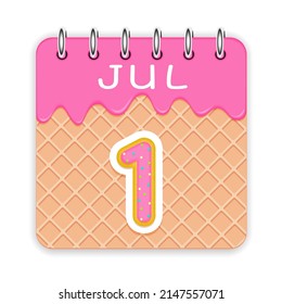 1 day of the month. July. Waffle cone calendar with melted ice cream. 3d daily icon. Date. Week Sunday, Monday, Tuesday, Wednesday, Thursday, Friday, Saturday. White background. Vector illustration.