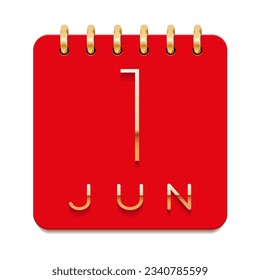 1 day of the month. June. Luxury calendar daily icon. Date day week Sunday, Monday, Tuesday, Wednesday, Thursday, Friday, Saturday. Gold text. Red paper. Vector illustration