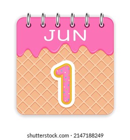 1 day of the month. June. Waffle cone calendar with melted ice cream. 3d daily icon. Date. Week Sunday, Monday, Tuesday, Wednesday, Thursday, Friday, Saturday. White background. Vector illustration.