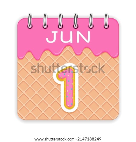 1 day of the month. June. Waffle cone calendar with melted ice cream. 3d daily icon. Date. Week Sunday, Monday, Tuesday, Wednesday, Thursday, Friday, Saturday. White background. Vector illustration.