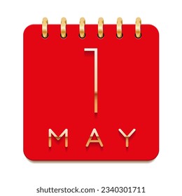 1 day of the month. May. Luxury calendar daily icon. Date day week Sunday, Monday, Tuesday, Wednesday, Thursday, Friday, Saturday. Gold text. Red paper. Vector illustration