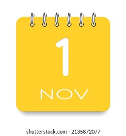 1 day of the month. November. Cute yellow calendar daily icon. Date day week Sunday, Monday, Tuesday, Wednesday, Thursday, Friday, Saturday. Cut paper. White background. Vector illustration.