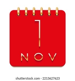 1 day of the month. November. Luxury calendar daily icon. Date day week Sunday, Monday, Tuesday, Wednesday, Thursday, Friday, Saturday. Gold text. Red paper. Vector illustration.