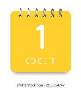 1 day of the month. October. Cute yellow calendar daily icon. Date day week Sunday, Monday, Tuesday, Wednesday, Thursday, Friday, Saturday. Cut paper. White background. Vector illustration.